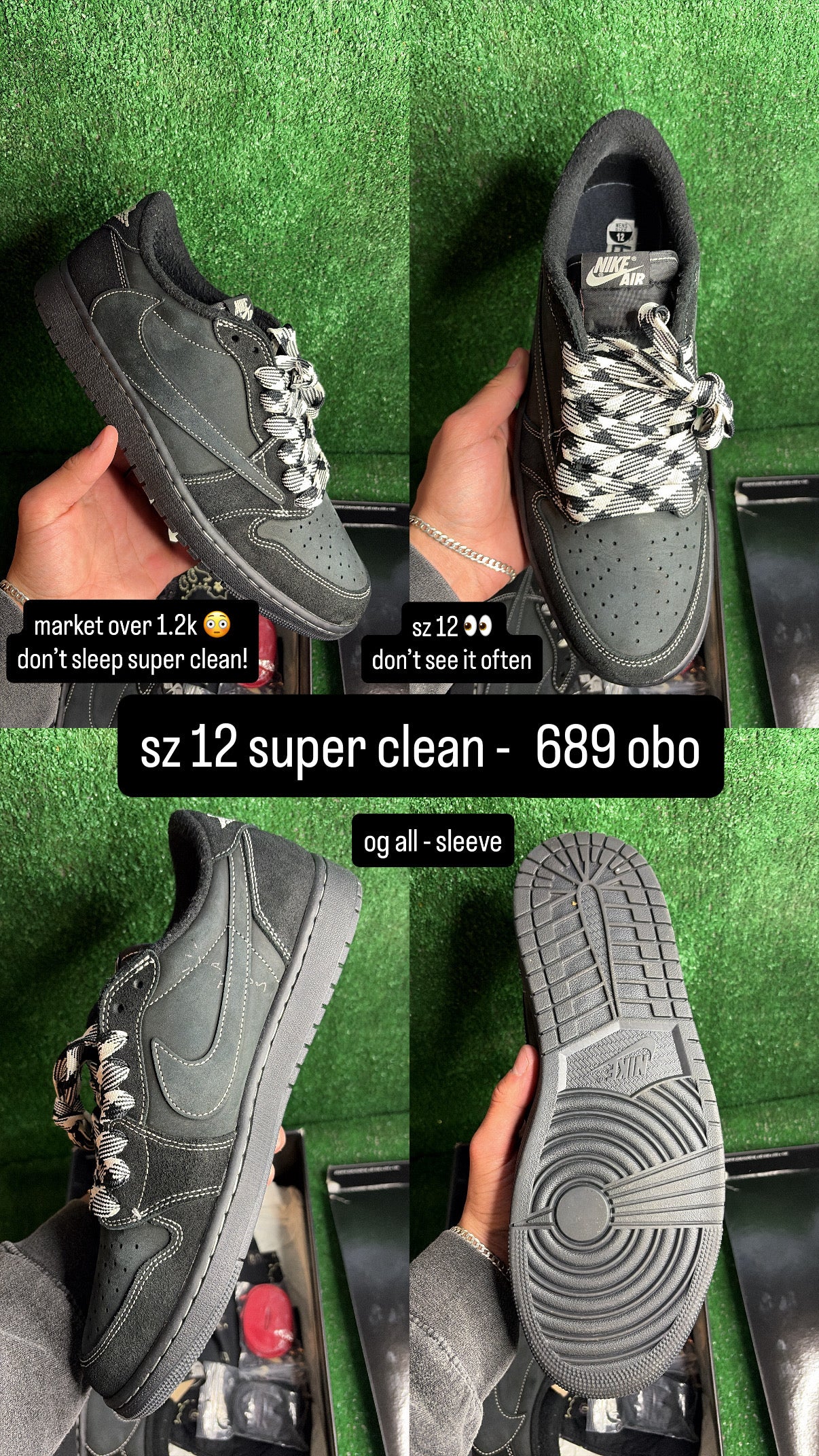 Jordan 1 Low Travis Scott Black Phantom Size 12