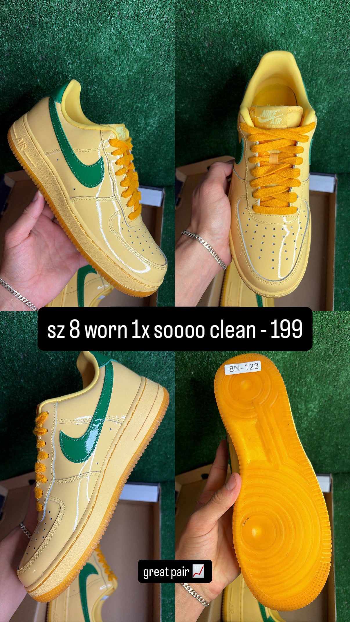 Nike Air Force 1 Low Patent Leather Topaz Gold Pine Green Size 8