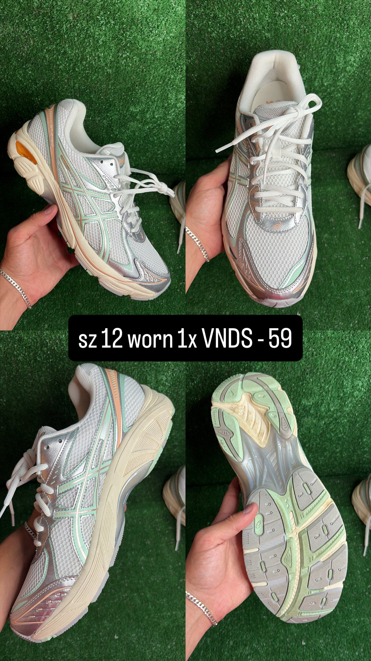 Asics 2160 Silver White Mint Green Size 12