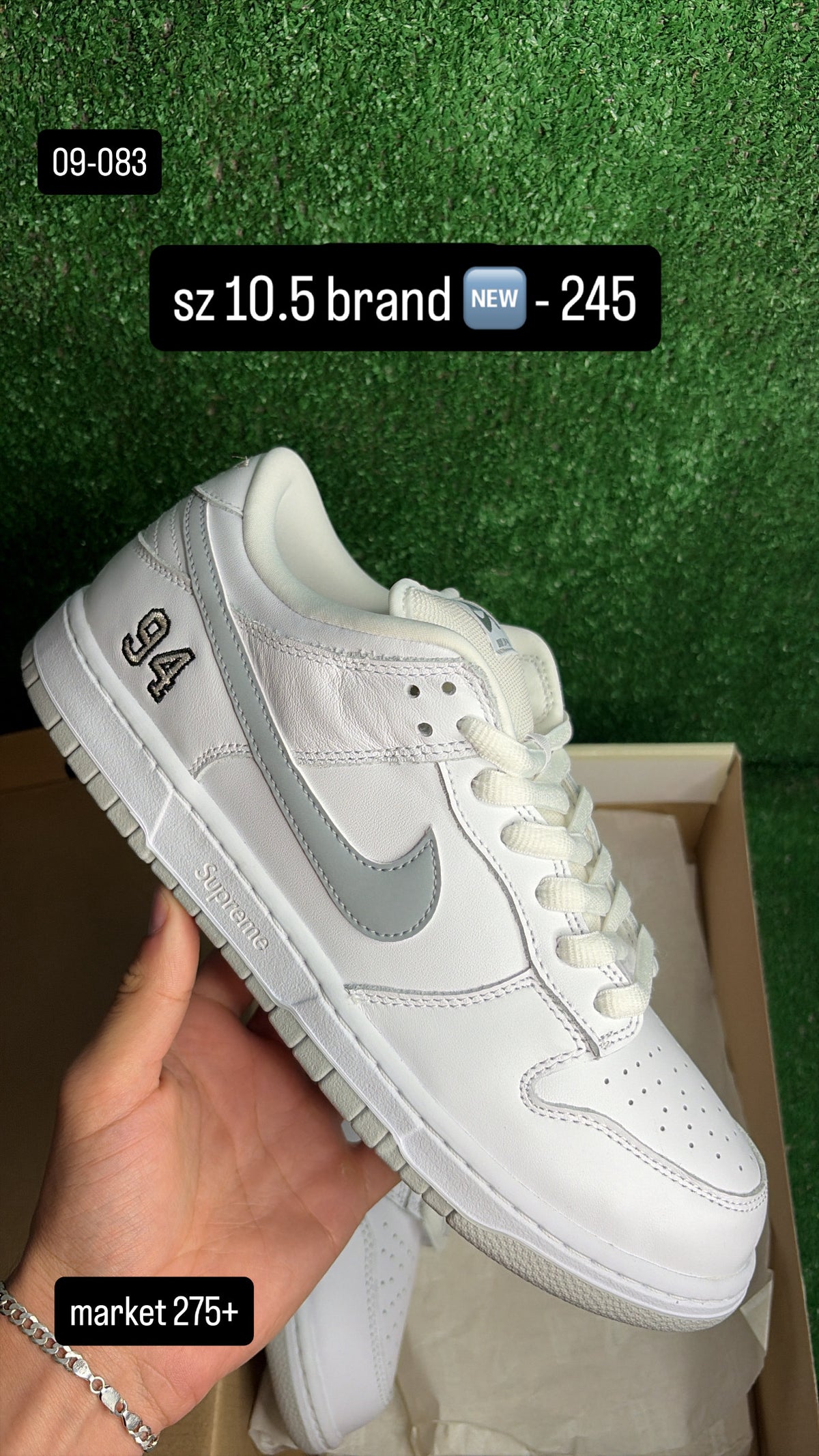 Nike Dunk Low SB Supreme 94 White Metallic Silver 10.5