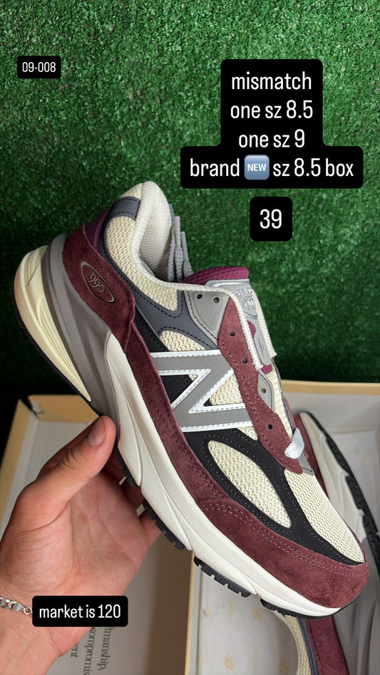 New Balance 990 Dark Cherry / Cream Black Size 8.5 & Size 9 MISMATCH