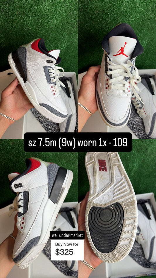 Jordan 3 Fire Red Denim Size 7.5 (9w)