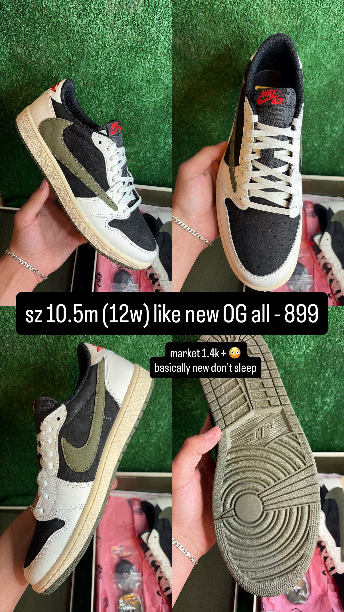 Jordan 1 Low Travis Scott Olive Size 10.5m (12w)