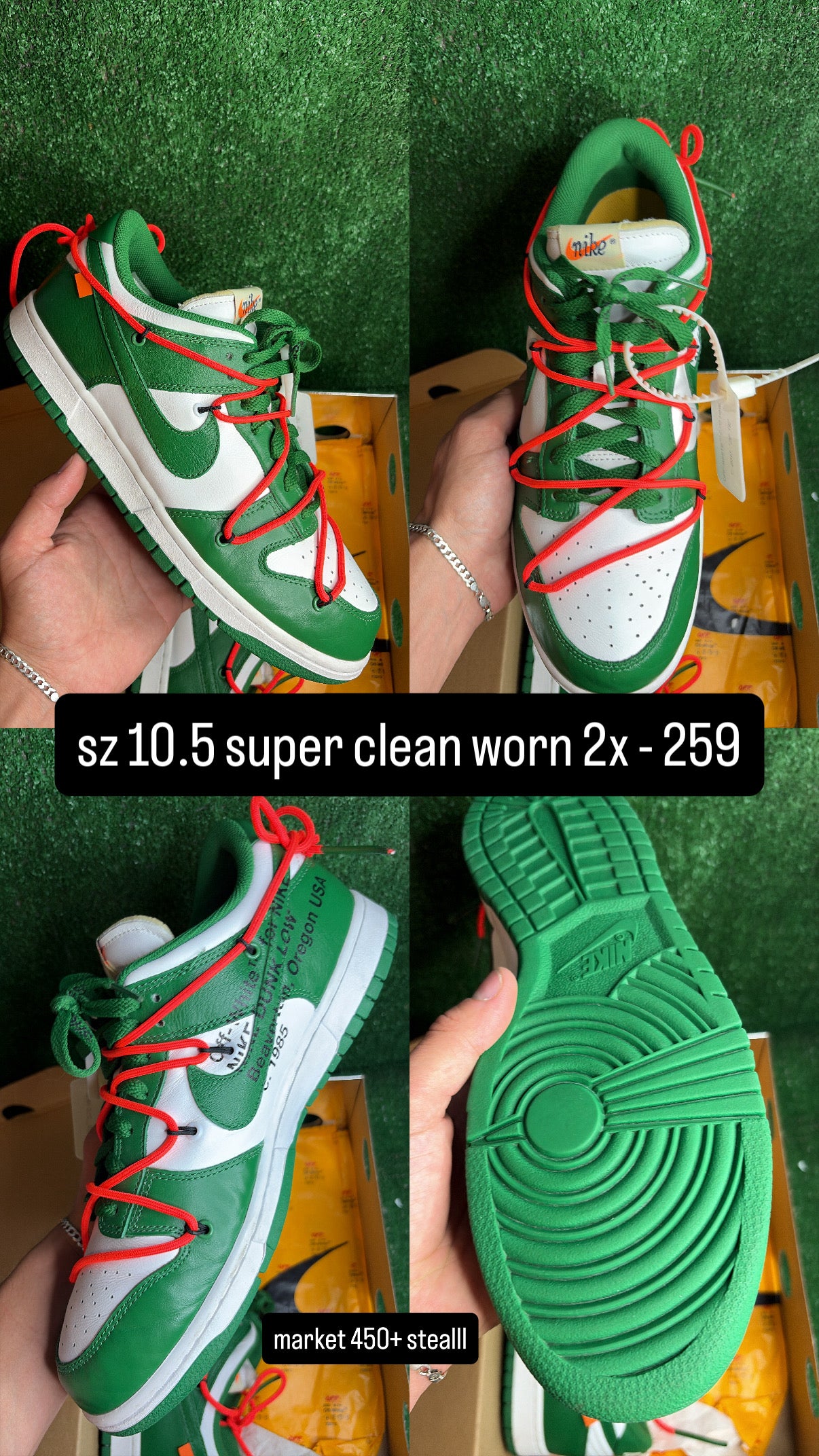 Nike Dunk Low Off White Pine Green Size 10.5