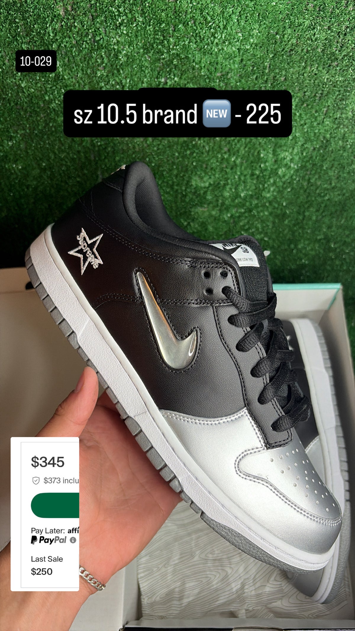 Nike Dunk Low SB Supreme Jewel Swoosh Silver Size 10.5
