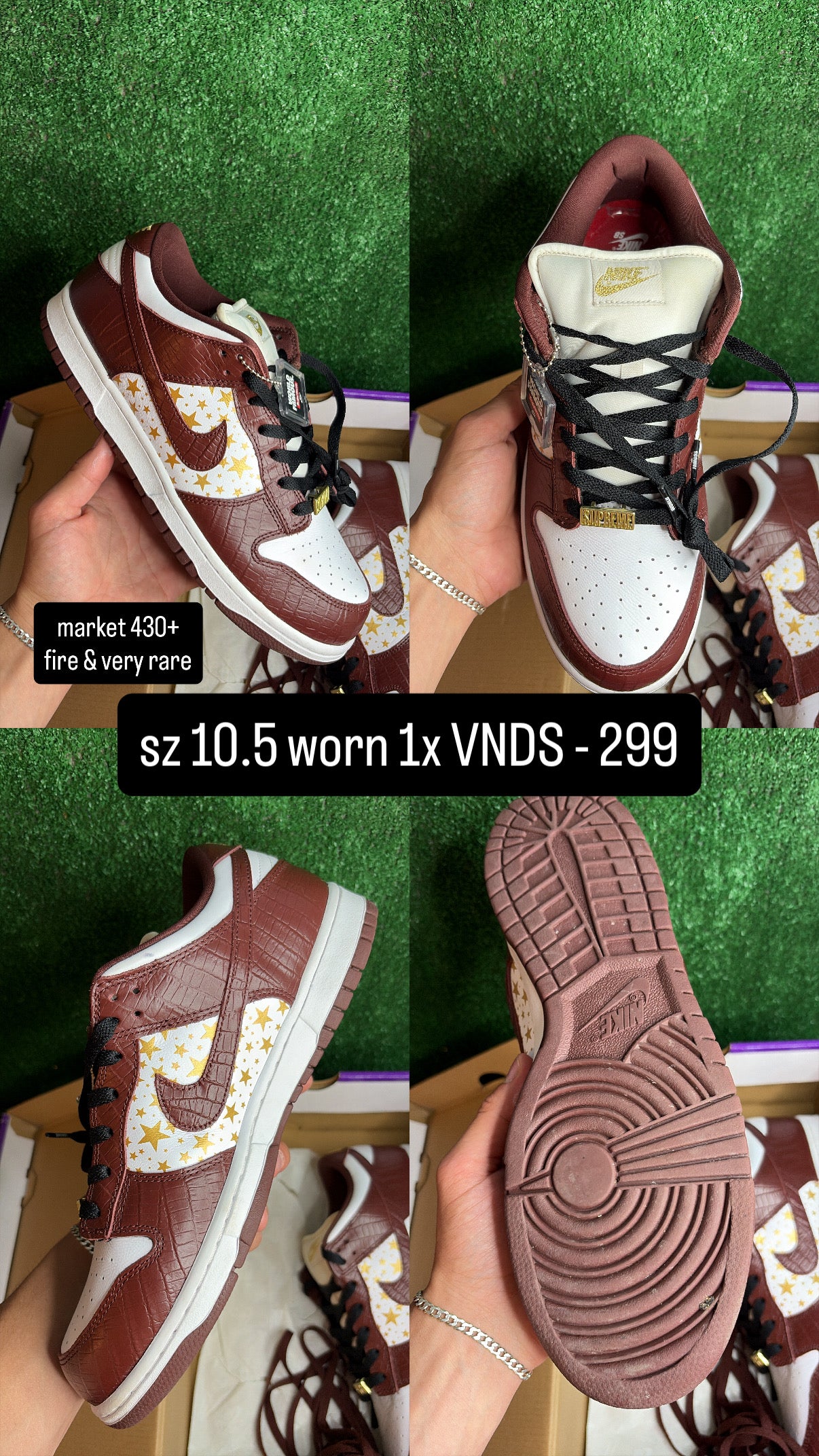 Nike Dunk Low SB Supreme Stars Barkroot Brown Size 10.5