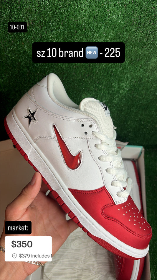 Nike Dunk Low SB Supreme Jewel Swoosh Red Size 10
